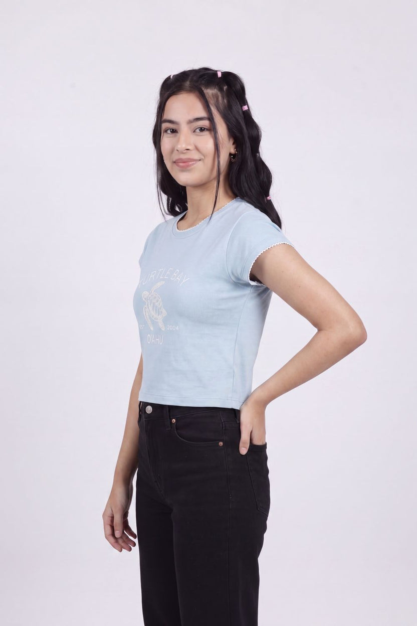 Light Blue Turtle Graphic Printed Crop T-Shirt for Women - Image 4