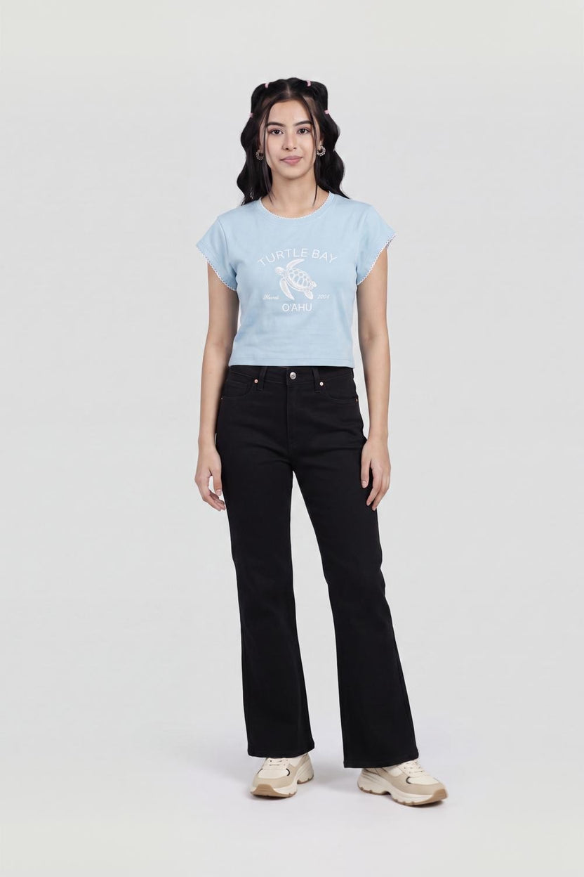 Light Blue Turtle Graphic Printed Crop T-Shirt for Women - Image 6