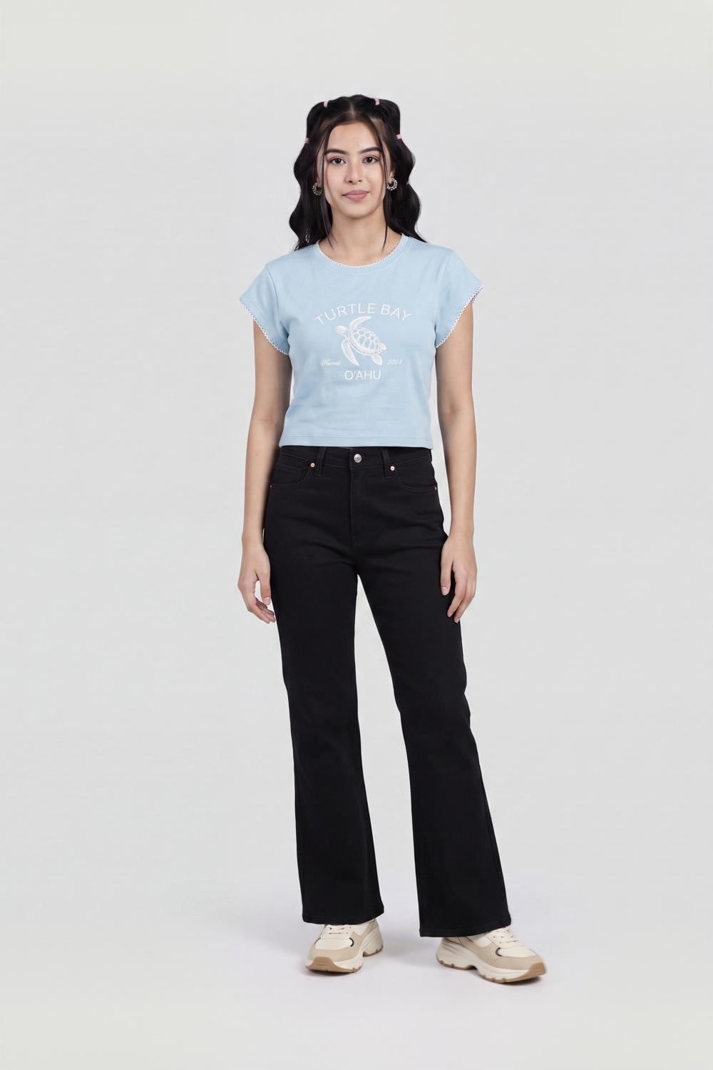 Light Blue Turtle Graphic Printed Crop T-Shirt for Women - Image 6