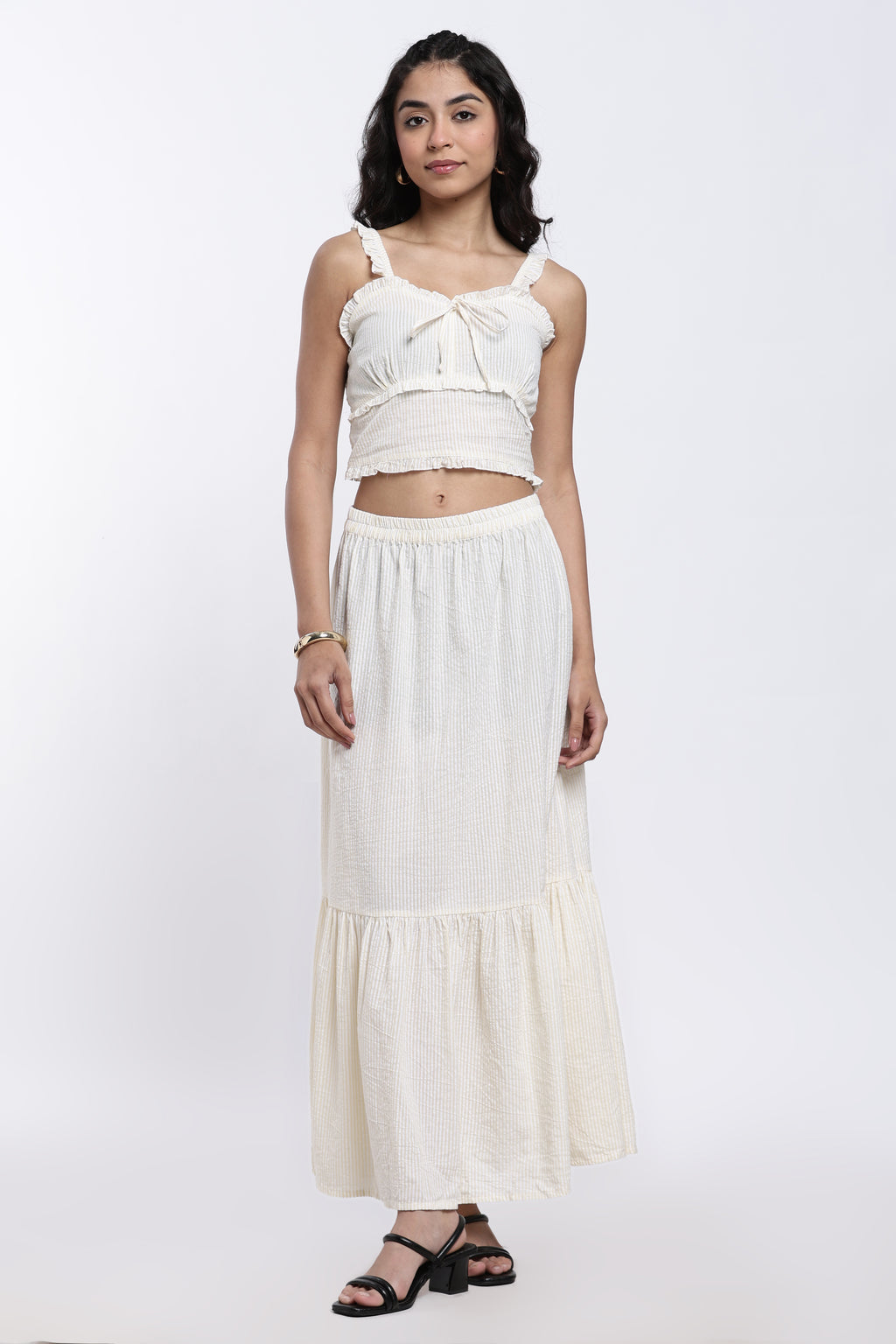 Yellow Striped Regular Fit Co-ord Set For Women - Image 2