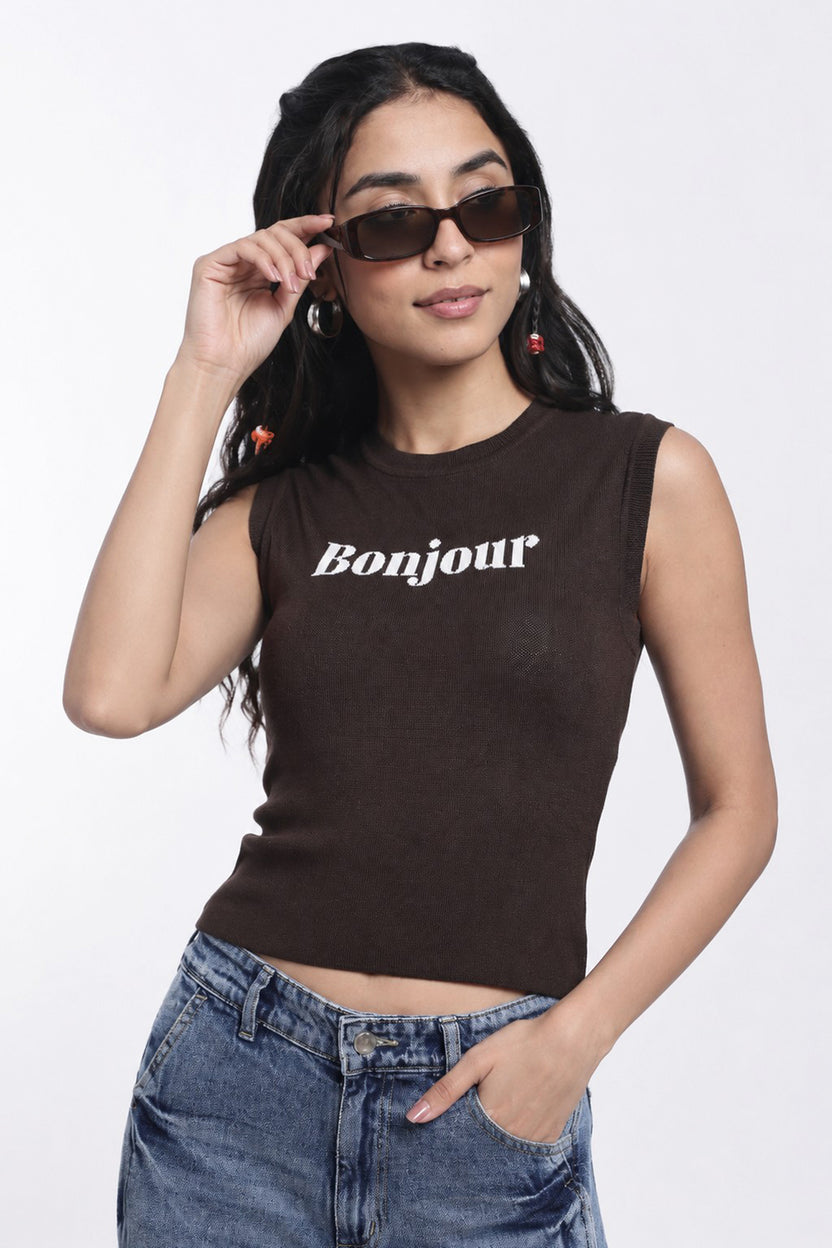 Brown Typographic Regular Fit Top For Women - Image 1
