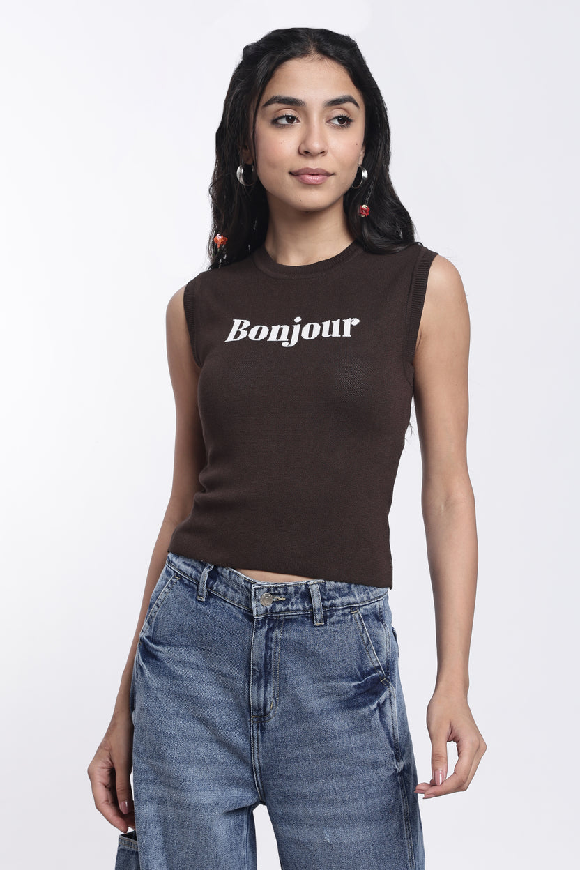 Brown Typographic Regular Fit Top For Women - Image 2