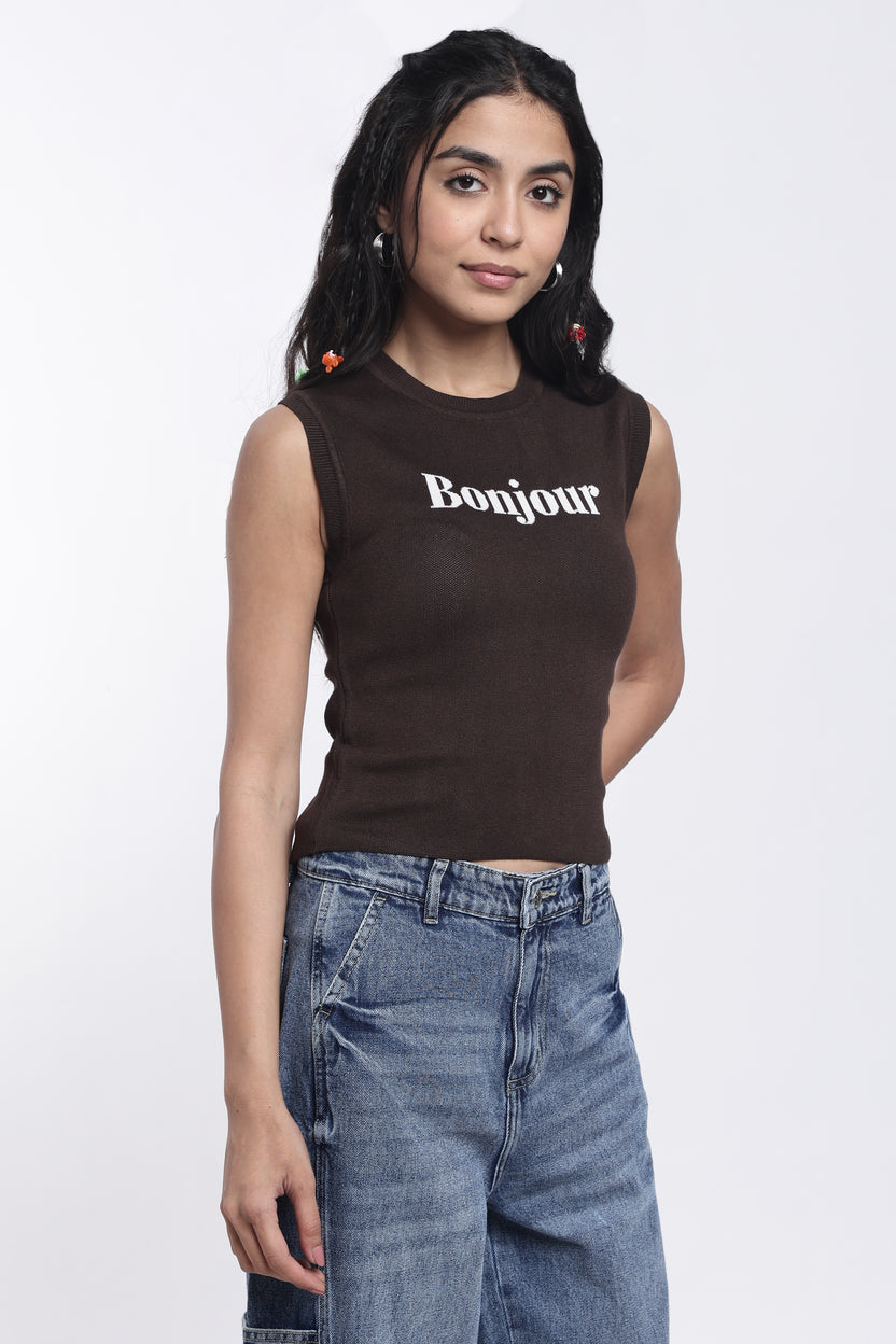 Brown Typographic Regular Fit Top For Women - Image 4