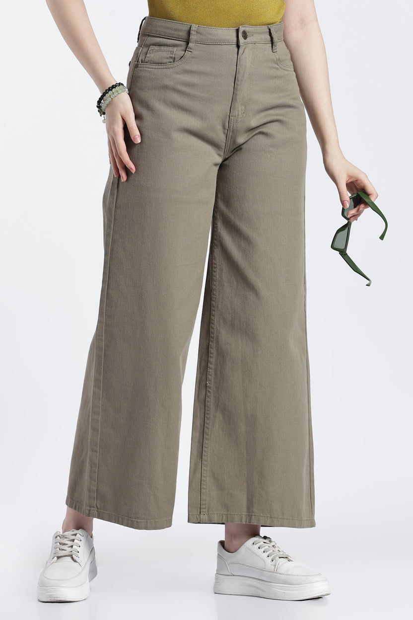 Khaki Solid Cotton Denim Regular Fit Jeans for Women - Image 1