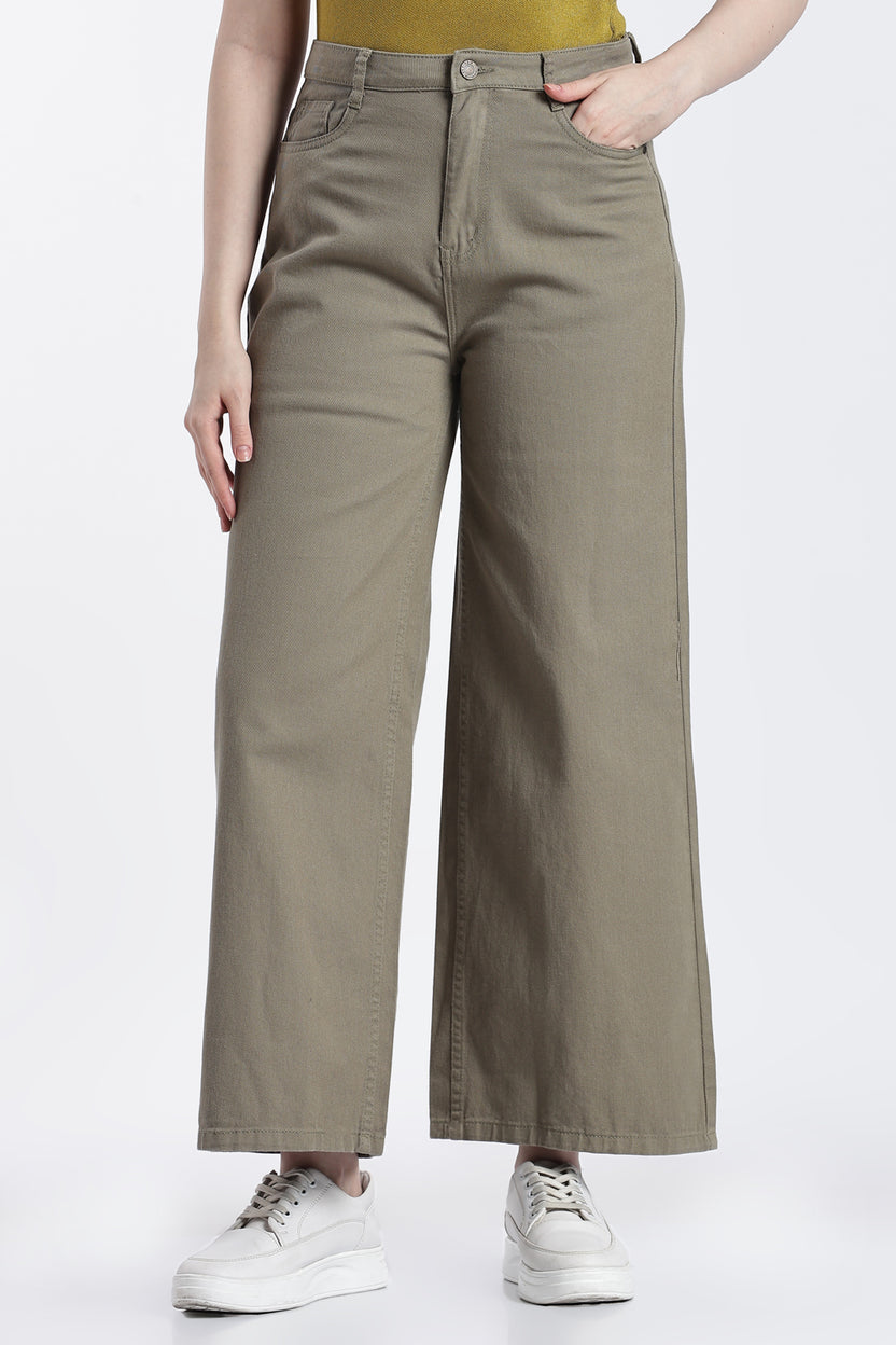 Khaki Solid Cotton Denim Regular Fit Jeans for Women - Image 2