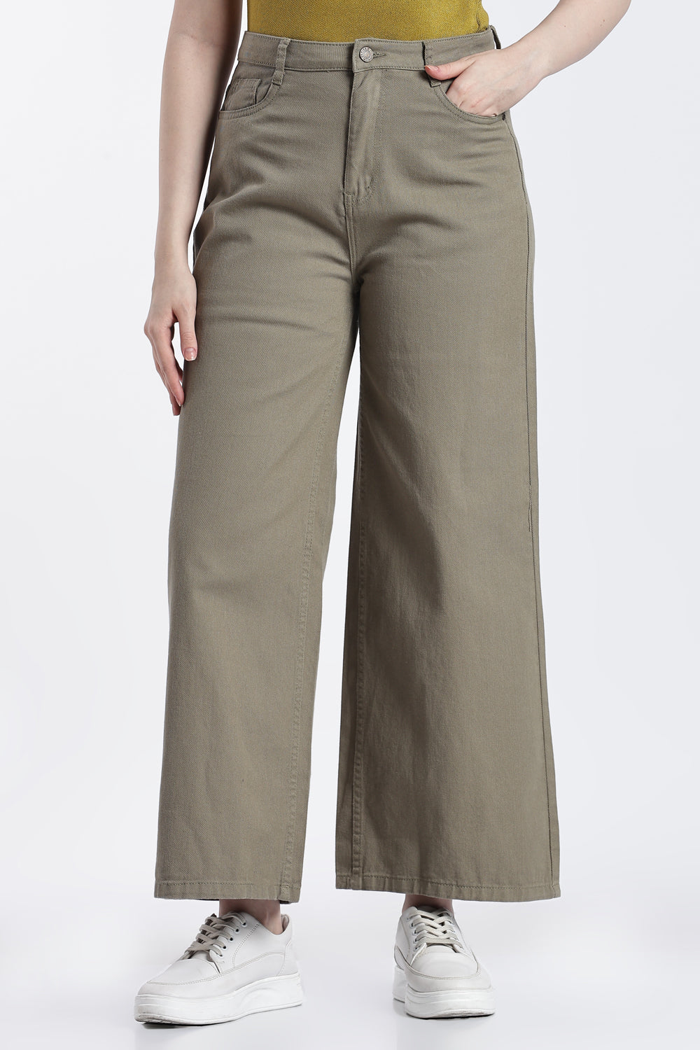 Khaki Solid Cotton Denim Regular Fit Jeans for Women - Image 2
