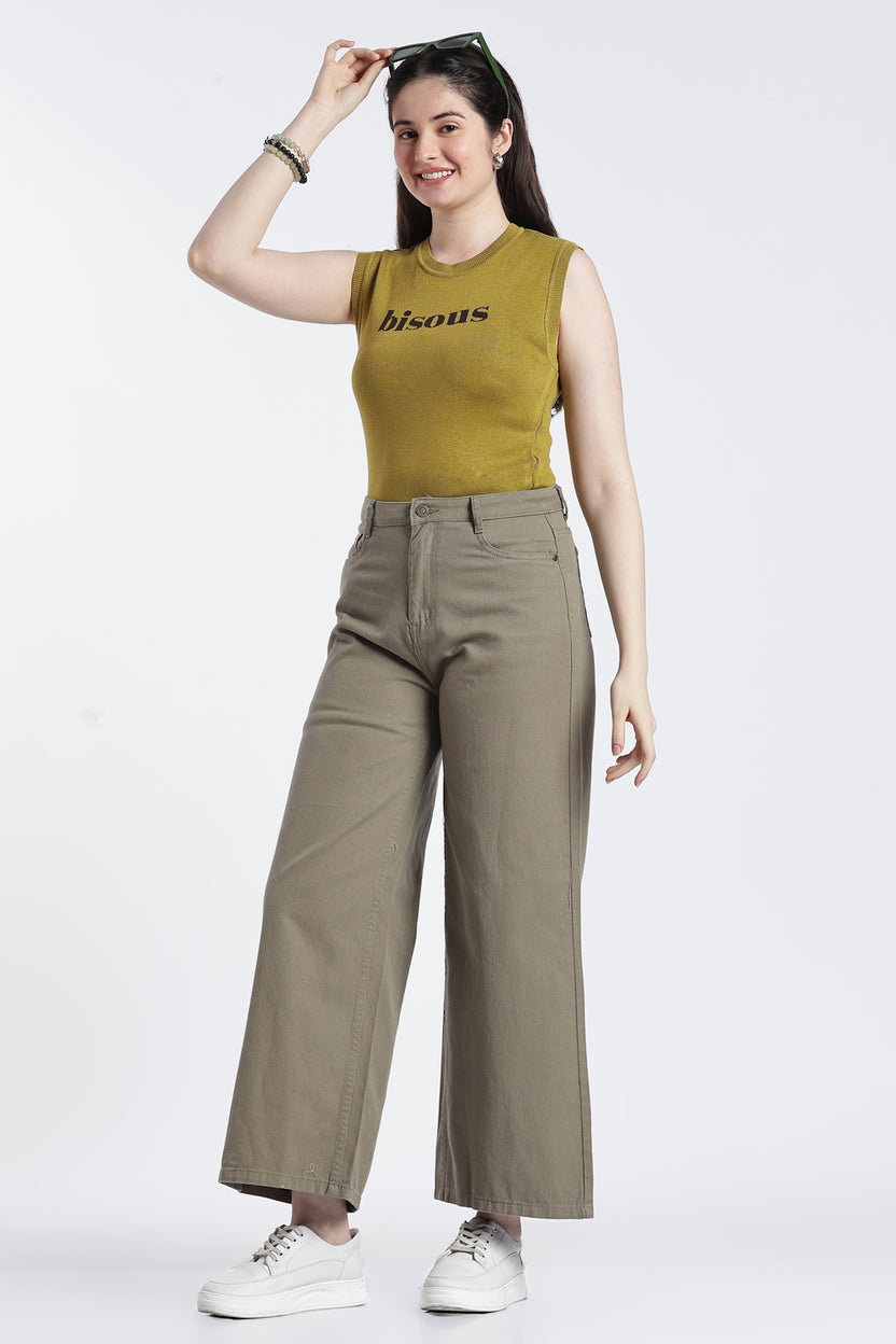 Khaki Solid Cotton Denim Regular Fit Jeans for Women - Image 6