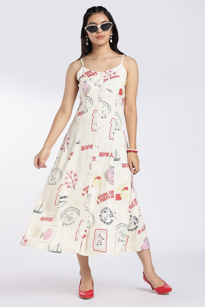 Off White Coastal Print Button-Down Dress for Women - Image 1