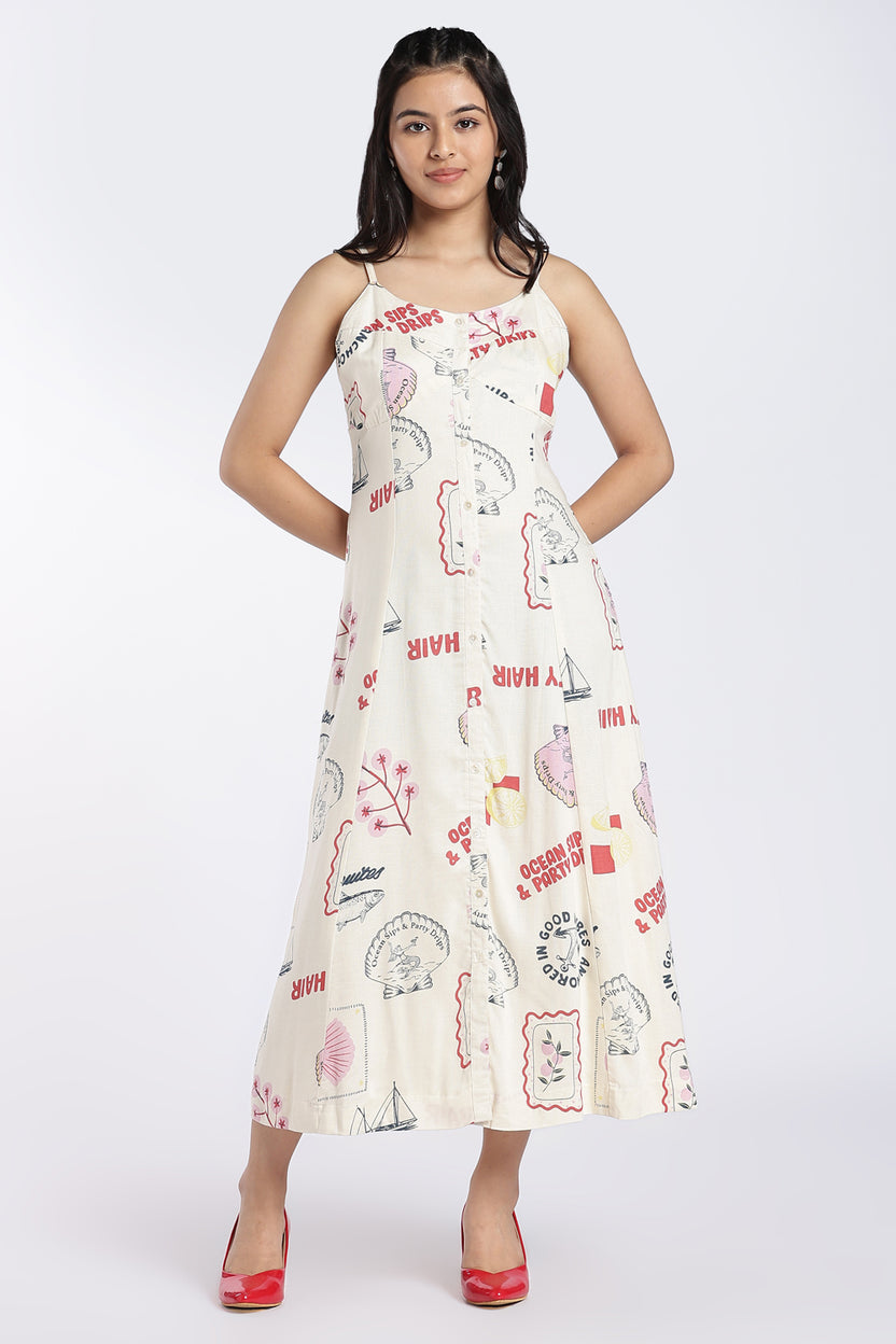 Off White Coastal Print Button-Down Dress for Women - Image 2