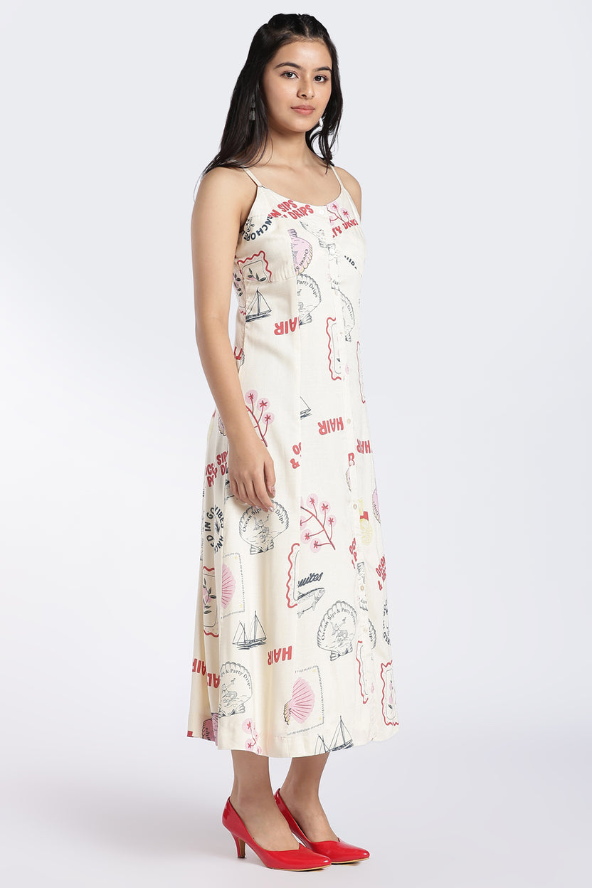 Off White Coastal Print Button-Down Dress for Women - Image 4