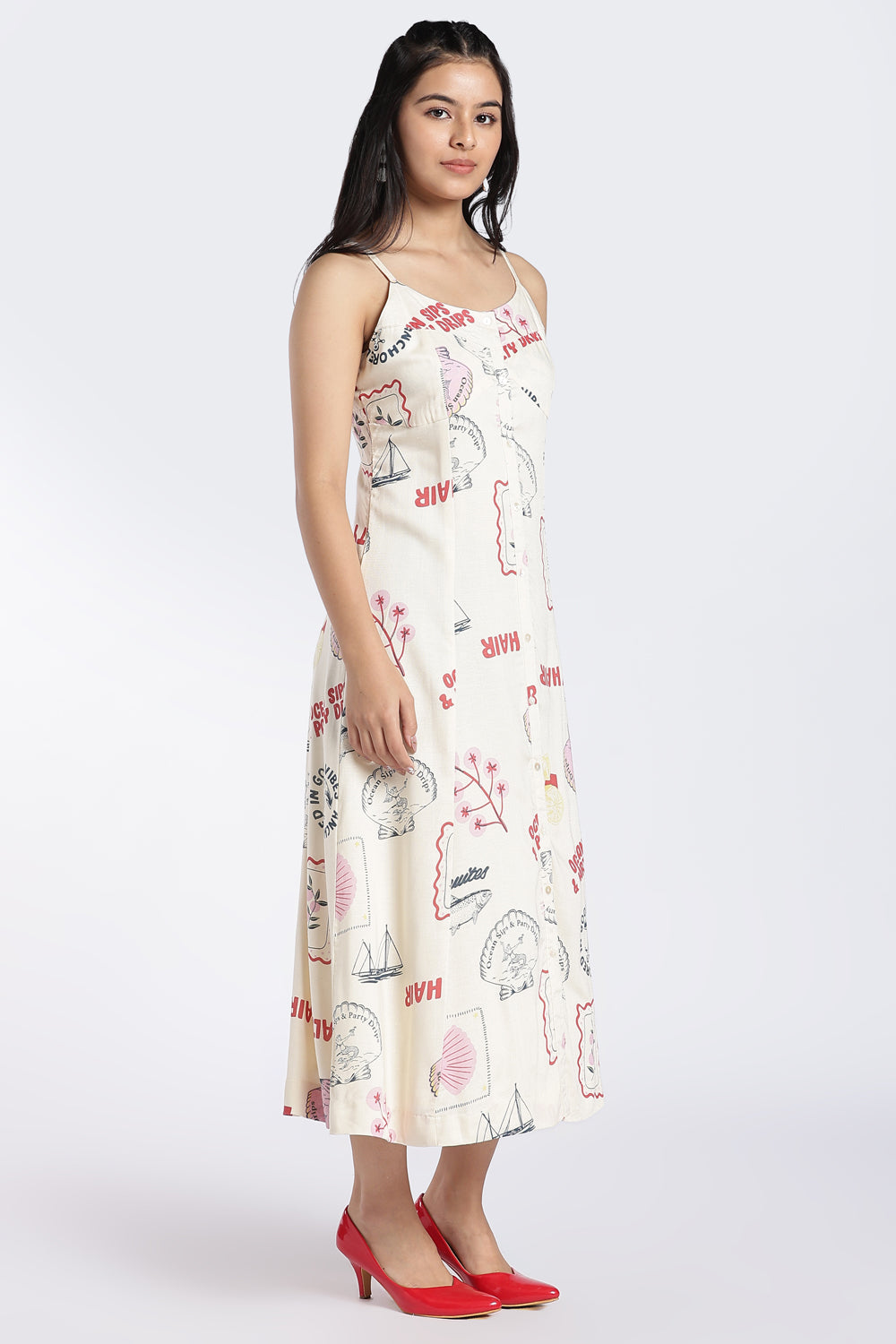 Off White Coastal Print Button-Down Dress for Women - Image 4
