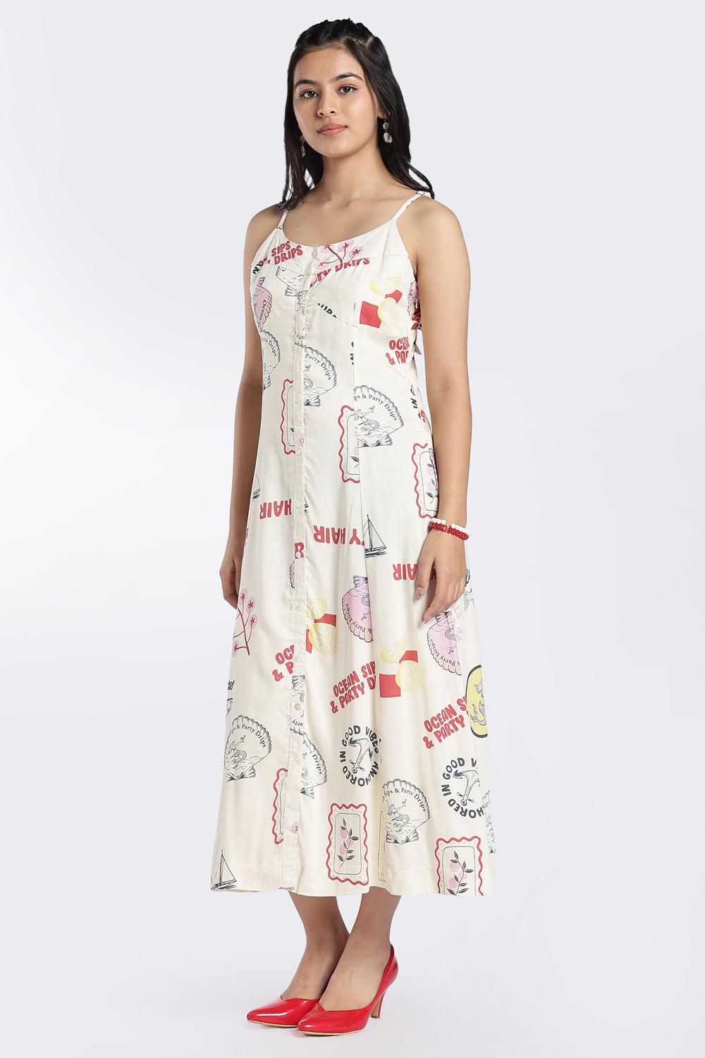 Off White Coastal Print Button-Down Dress for Women - Image 6