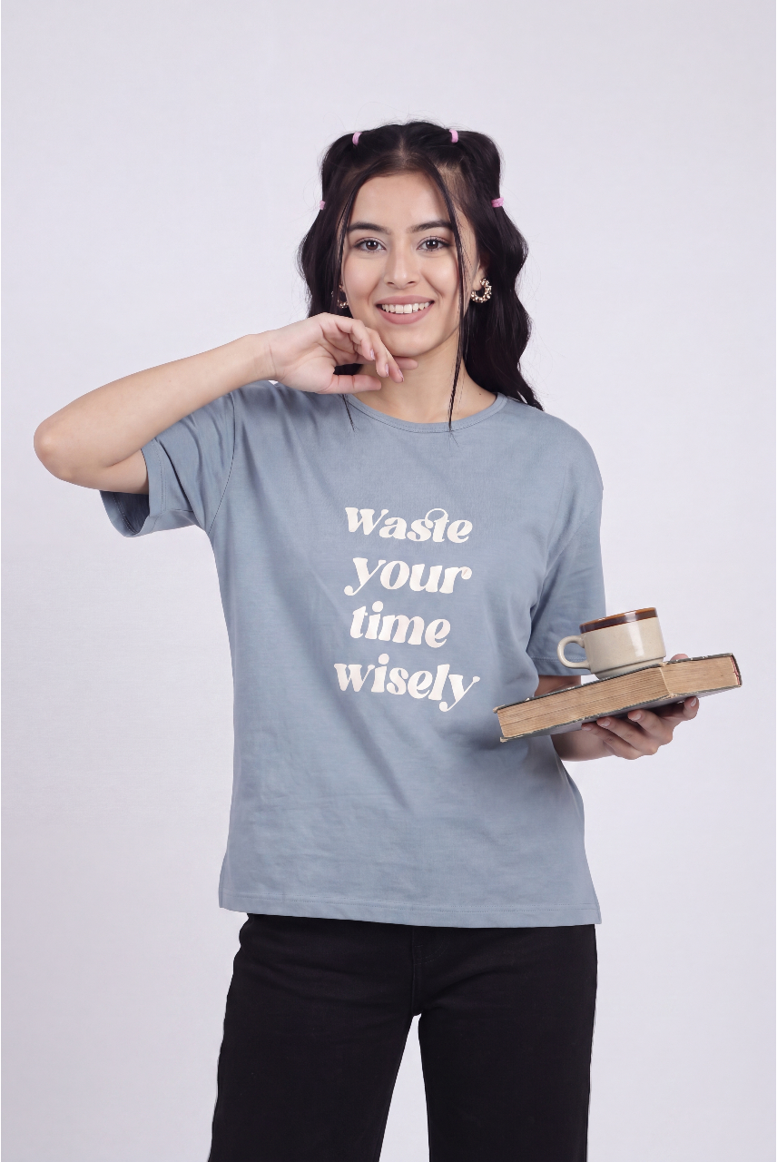 Blue Typographic Regular Fit T-Shirt for Women - Image 1