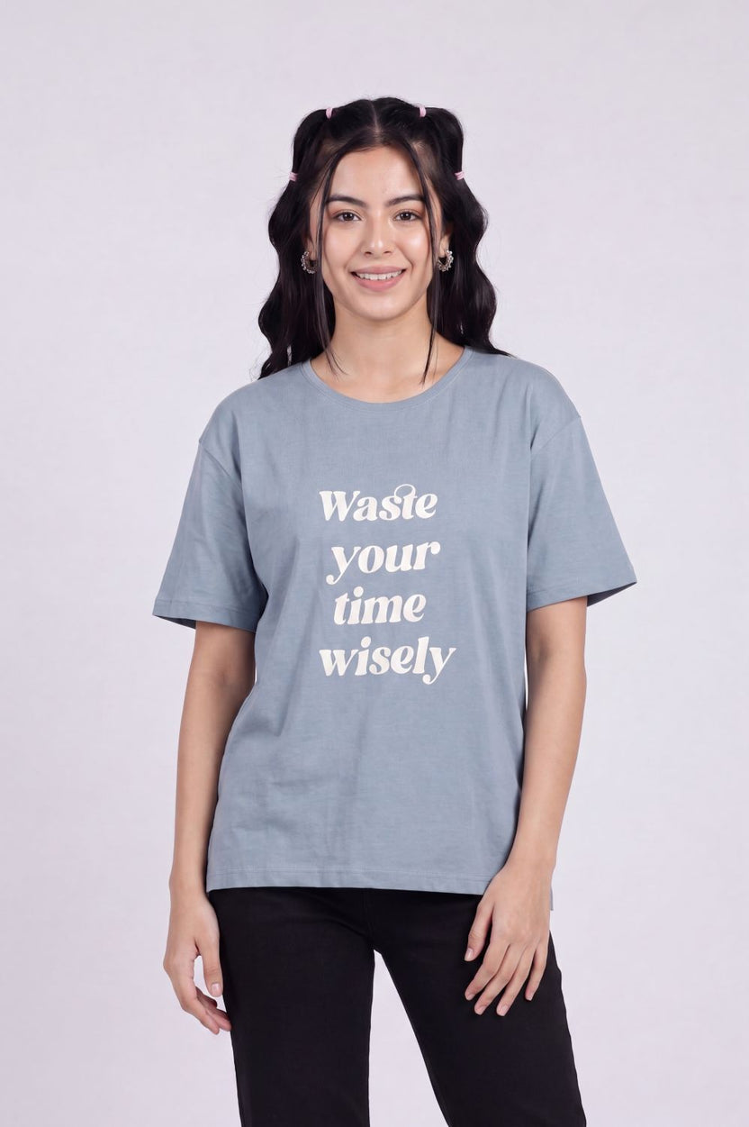 Blue Typographic Regular Fit T-Shirt for Women - Image 2