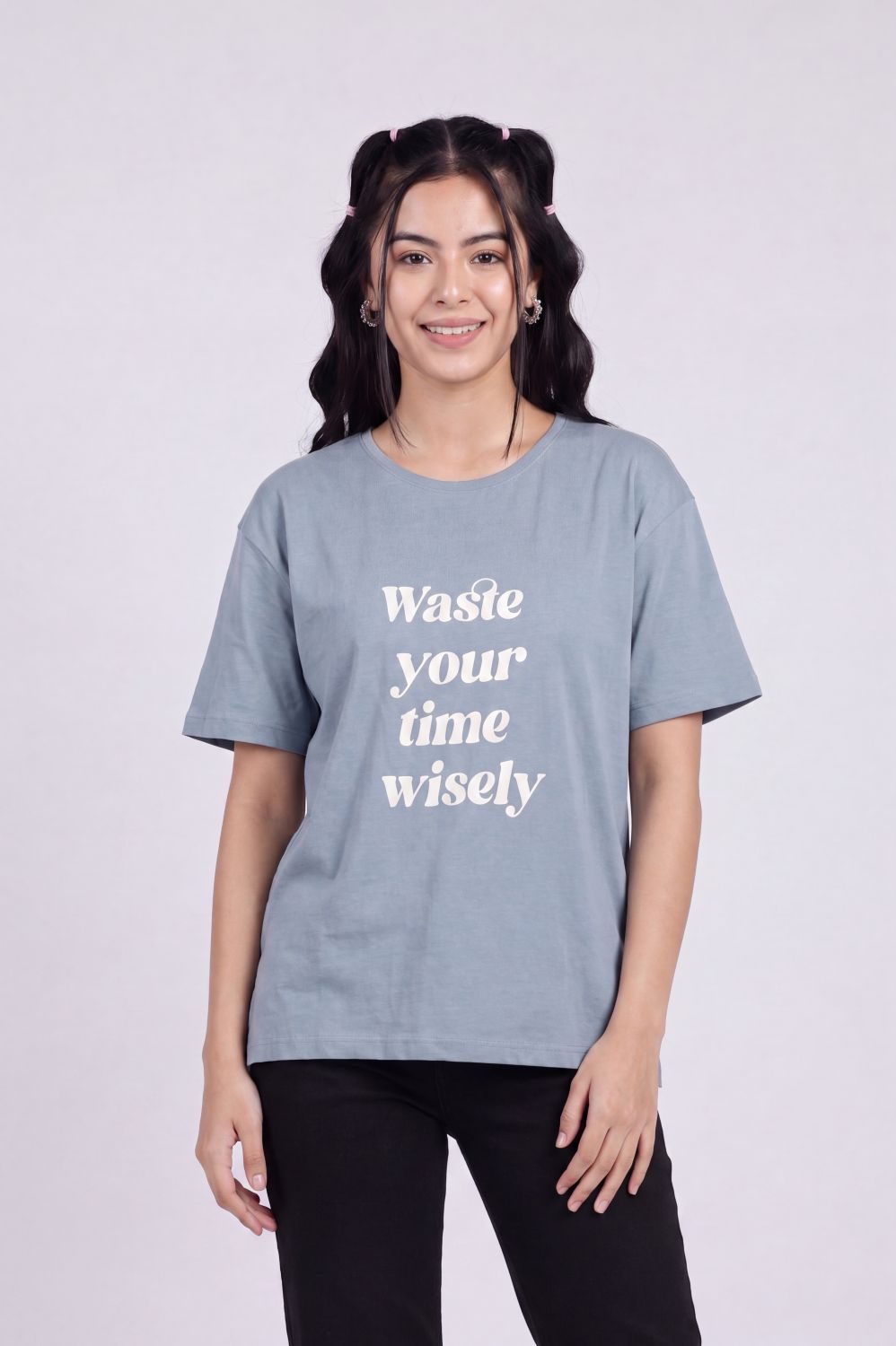 Blue Typographic Regular Fit T-Shirt for Women - Image 2