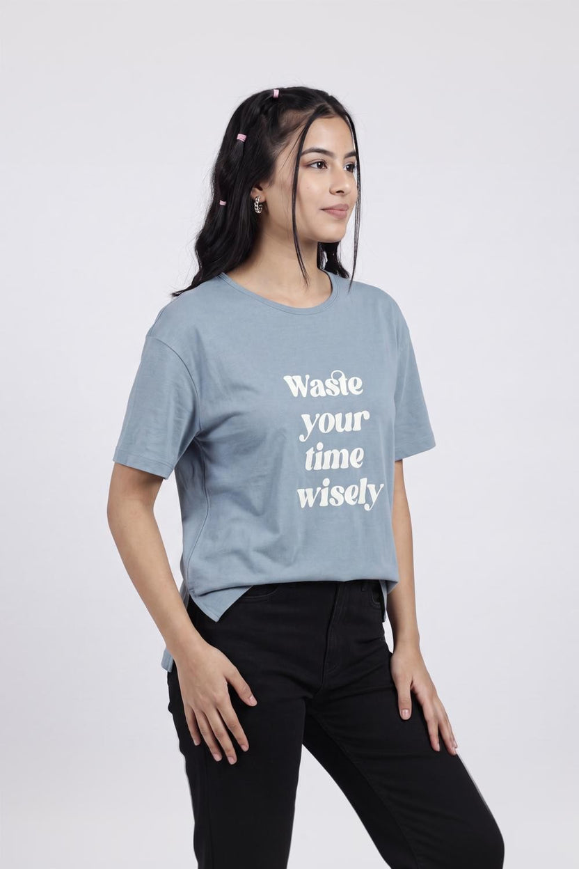 Blue Typographic Regular Fit T-Shirt for Women - Image 4