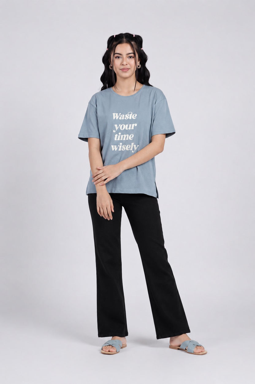 Blue Typographic Regular Fit T-Shirt for Women - Image 6