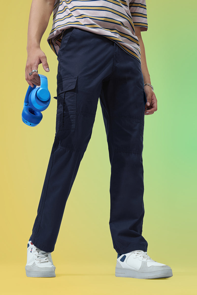 Navy Solid Regular Fit Trouser For Men