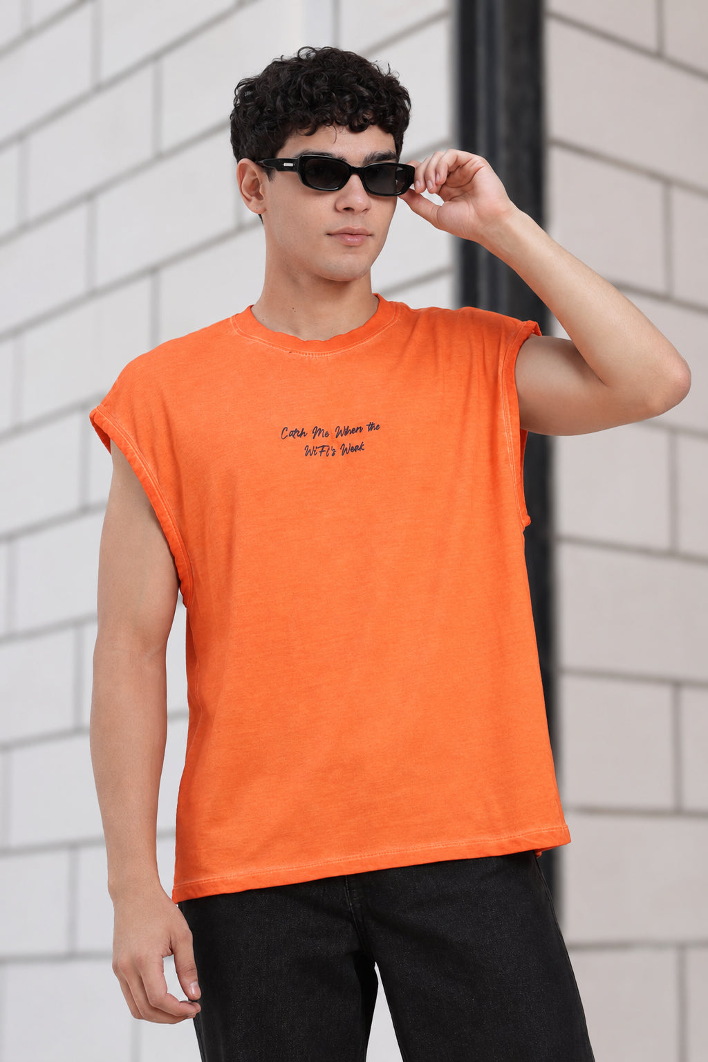 Orange Printed Oversized Fit T-Shirt for Men - Image 1