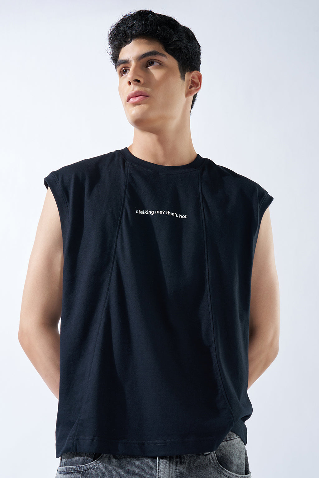 Black Sleeveless Slogan T-Shirt for Men - Image 2