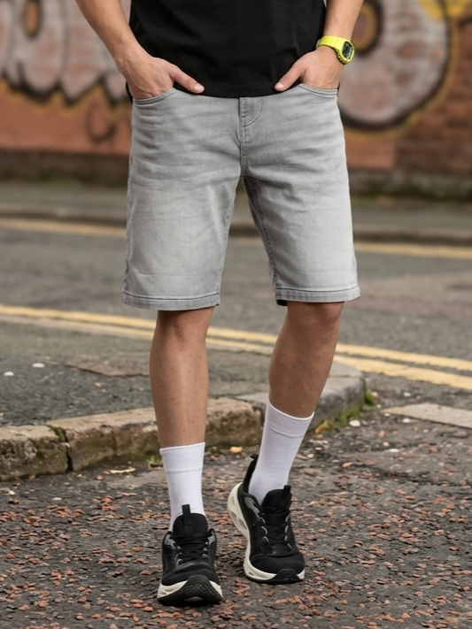 Grey Solid Regular Fit Shorts - Image 1