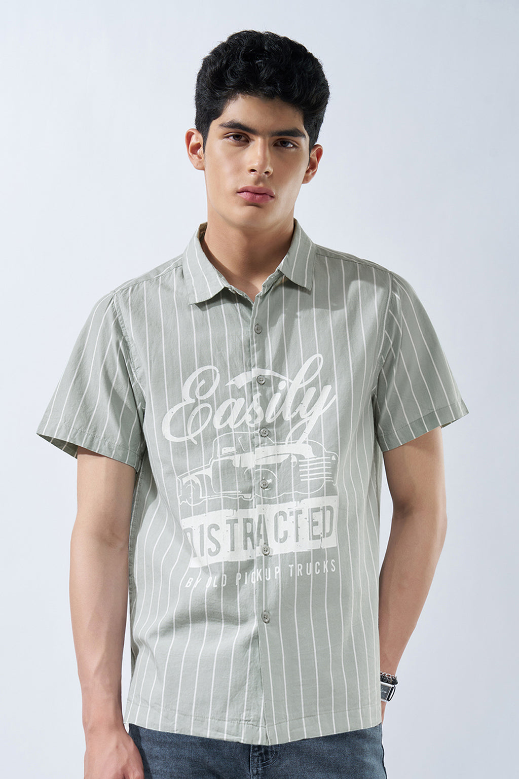 Green Striped Printed Shirt for Men - Image 2