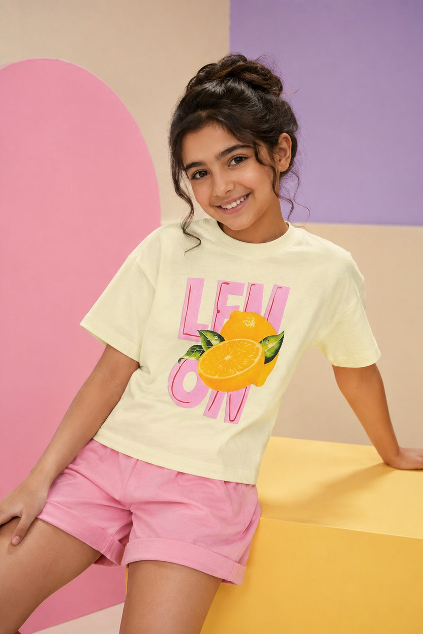 Yellow Lemon Graphic Cotton T-Shirt for Tweens Girls - Image 1