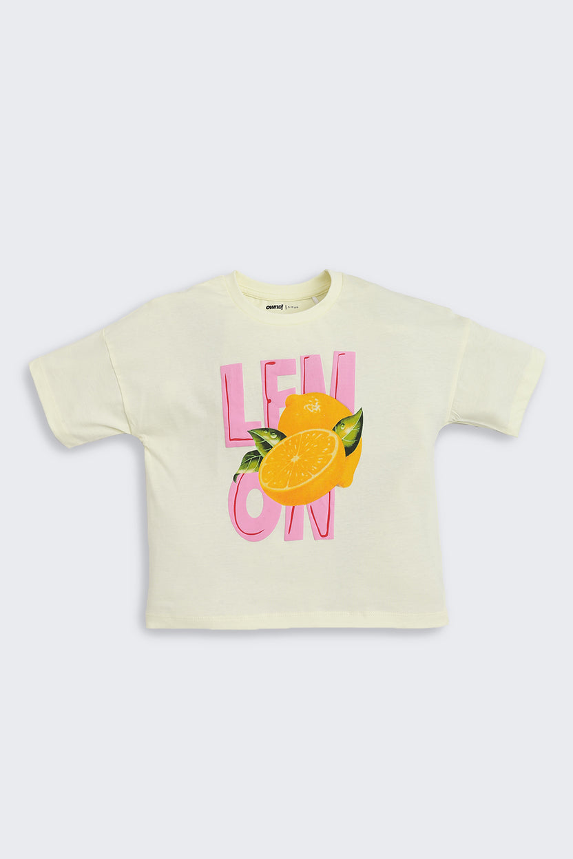 Yellow Lemon Graphic Cotton T-Shirt for Tweens Girls - Image 2