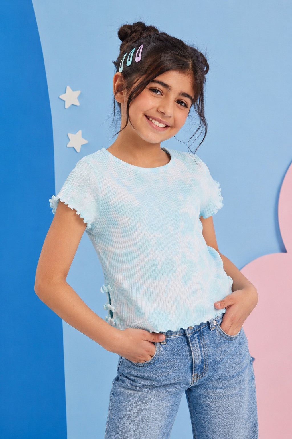 Light Blue Tie-Dye Regular Fit Top for Tweens Girls - Image 1