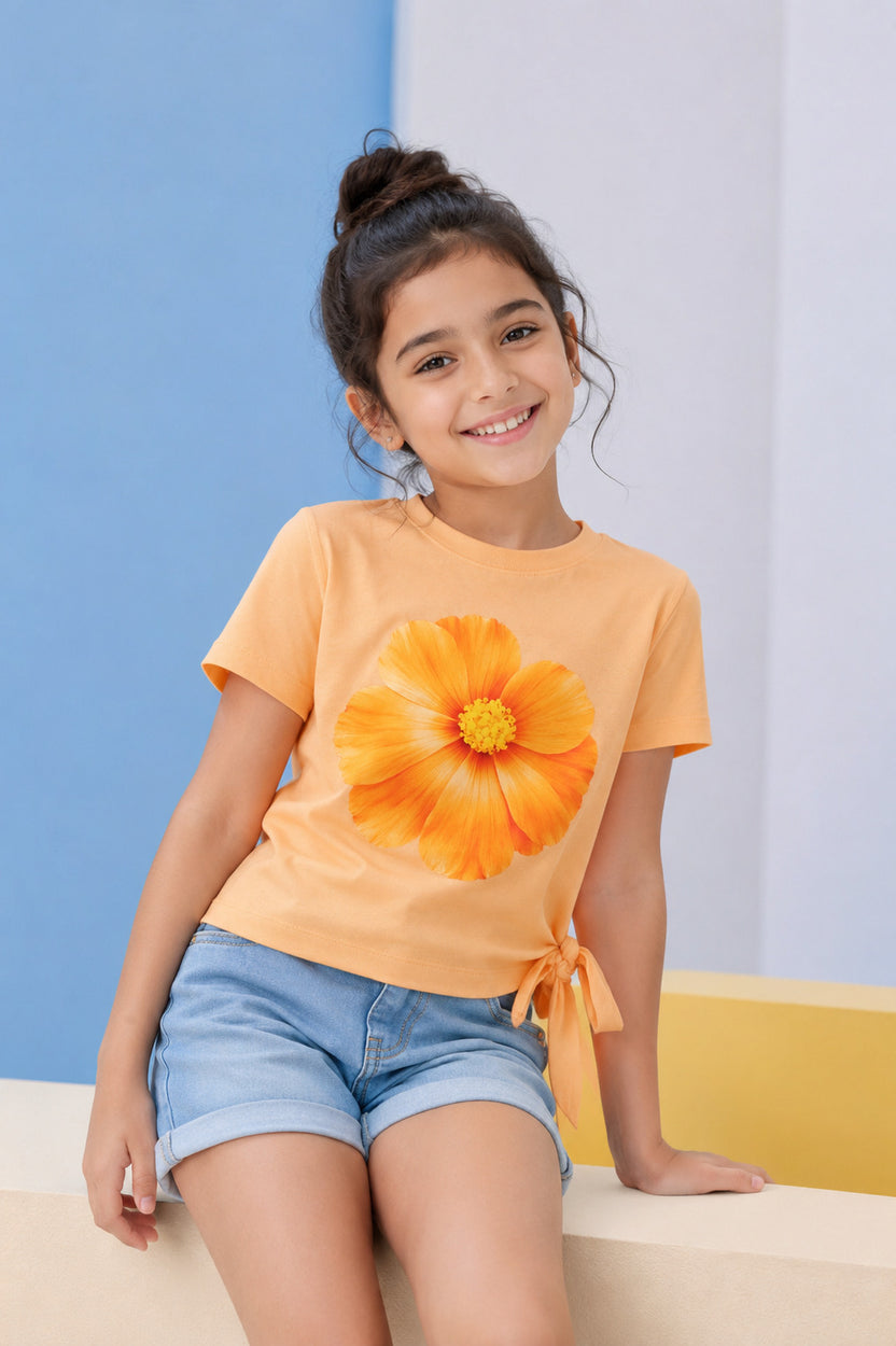 Orange Cotton Blend Regular Fit T-Shirt for Tweens Girls - Image 1