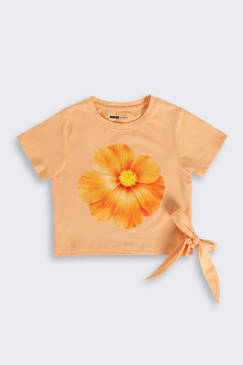 Orange Cotton Blend Regular Fit T-Shirt for Tweens Girls - Image 2