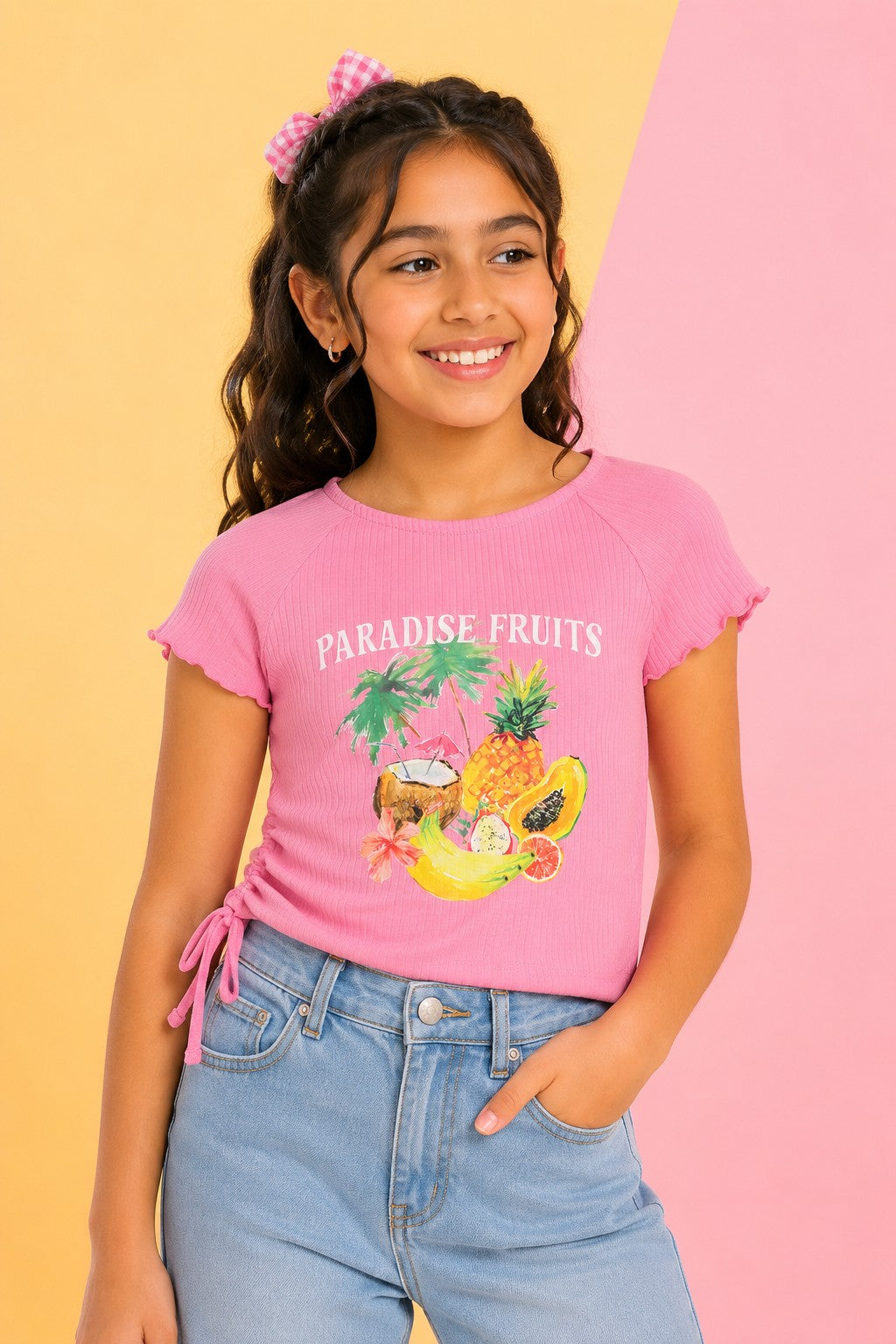 Pink Fruits Printed Regular Fit Top for Tweens Girls - Image 1