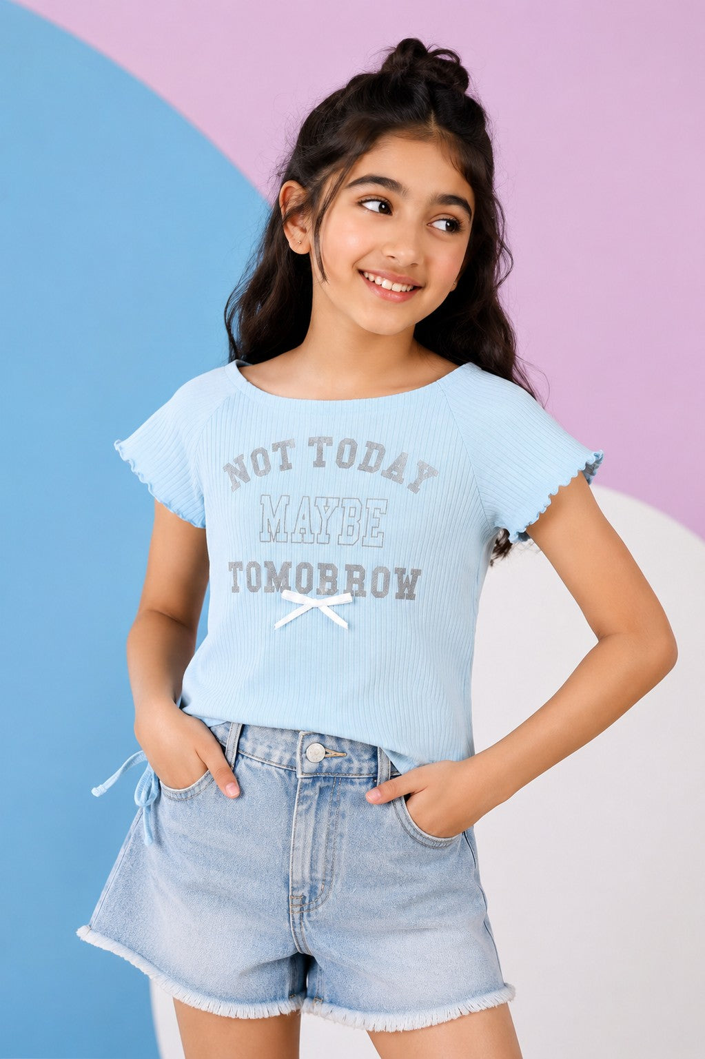 Light Blue Foil Print Side Rouching T-Shirt for Tweens Girls - Image 1