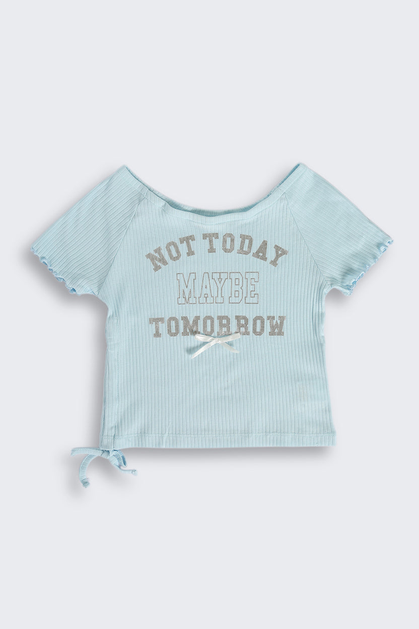 Light Blue Foil Print Side Rouching T-Shirt for Tweens Girls - Image 2