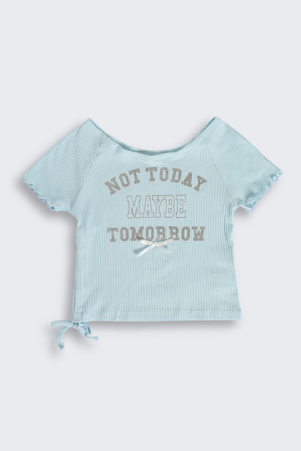 Light Blue Foil Print Side Rouching T-Shirt for Tweens Girls - Image 2