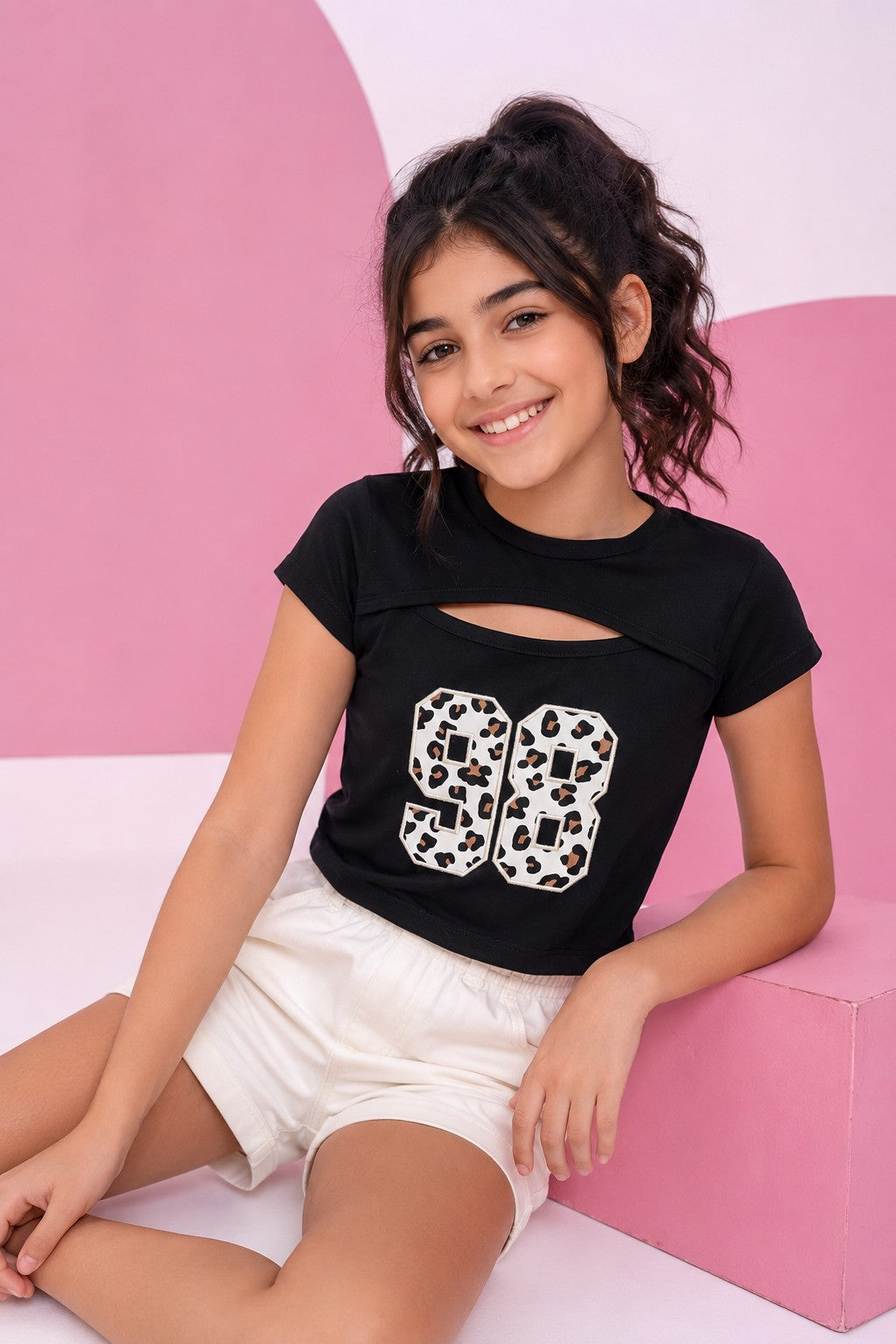 Black Embroidered Regular Fit T-Shirt for Tweens Girls - Image 1