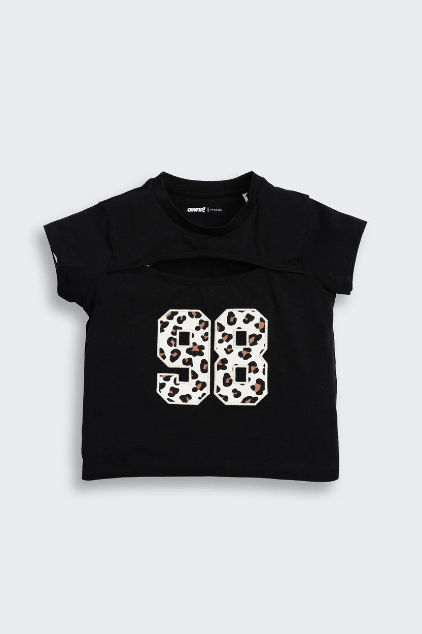 Black Embroidered Regular Fit T-Shirt for Tweens Girls - Image 2