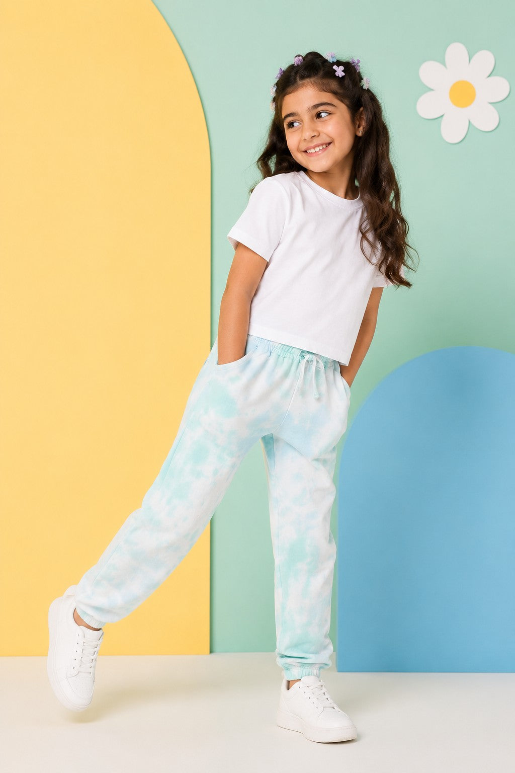 Light Blue Tie-Dye Regular Fit Joggers for Tweens Girls - Image 1