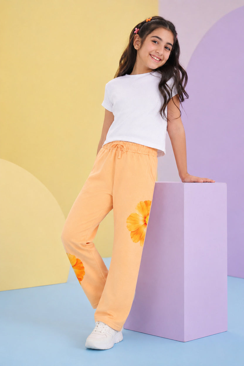Orange Floral Placement Printed Regular Fit Track Pant - Image 1