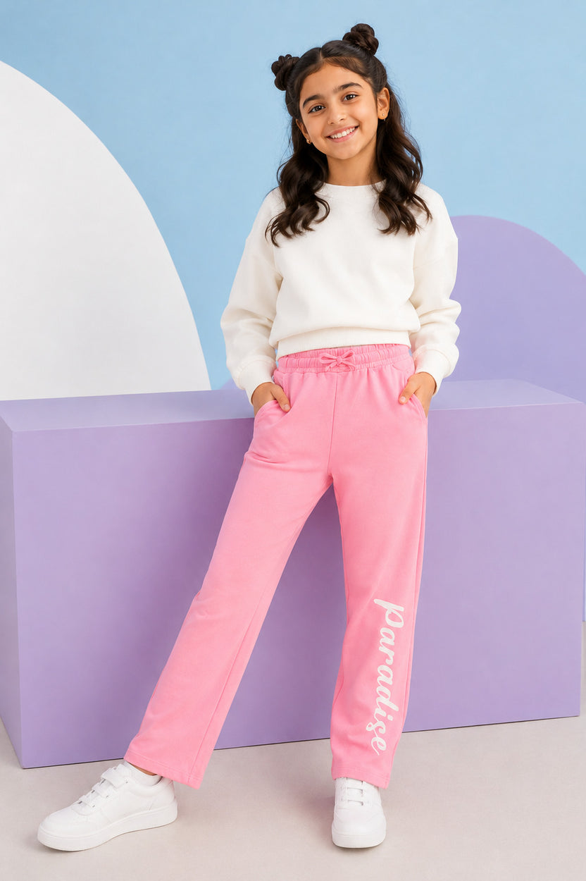 Pink Paradise Typographic Print Regular Fit Track Pant for Tweens Girls - Image 1