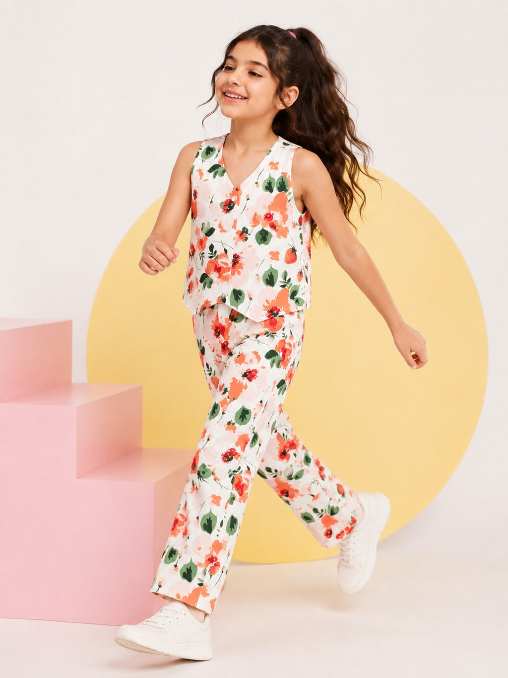 Off White Floral Regular Fit Co-ord Set for Tweens Girls - Image 1