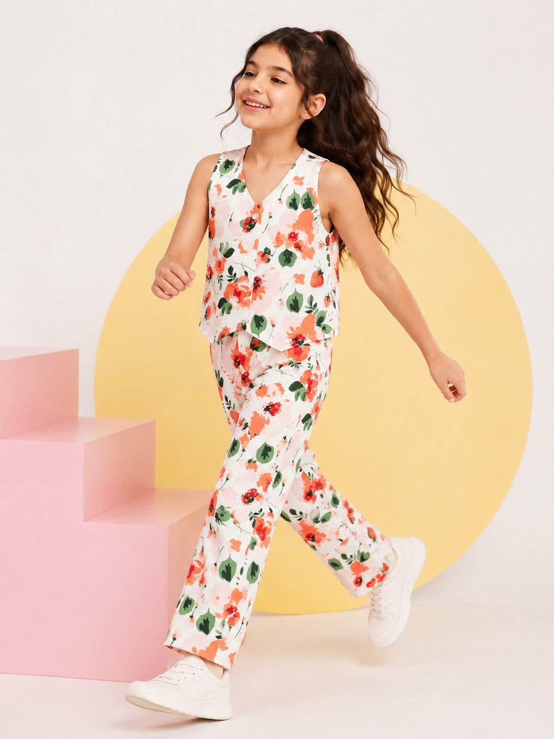Off White Floral Regular Fit Co-ord Set for Tweens Girls - Image 1