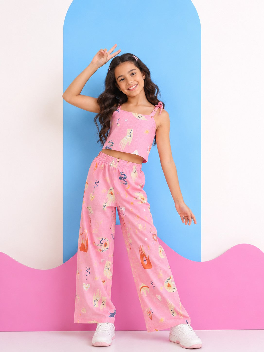 Pink Graphic Printed Regular Fit Co-ord Set for Tweens Girls - Image 1