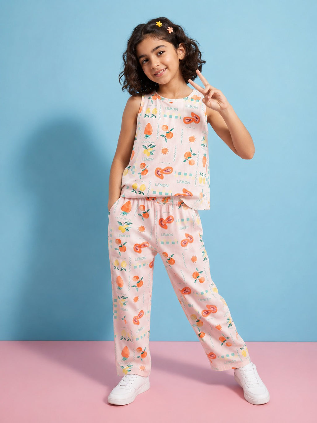 Pink Fruits Printed Regular Fit Co-ord Set for Tweens Girls - Image 1