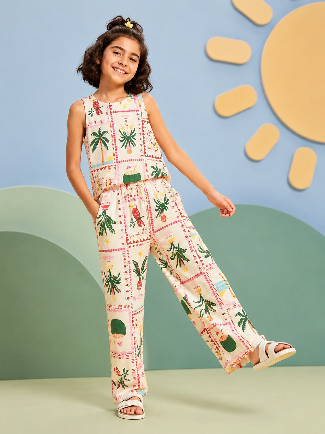 Yellow Tropical Theme Regular Fit Co-ord Set for Tweens Girls - Image 1