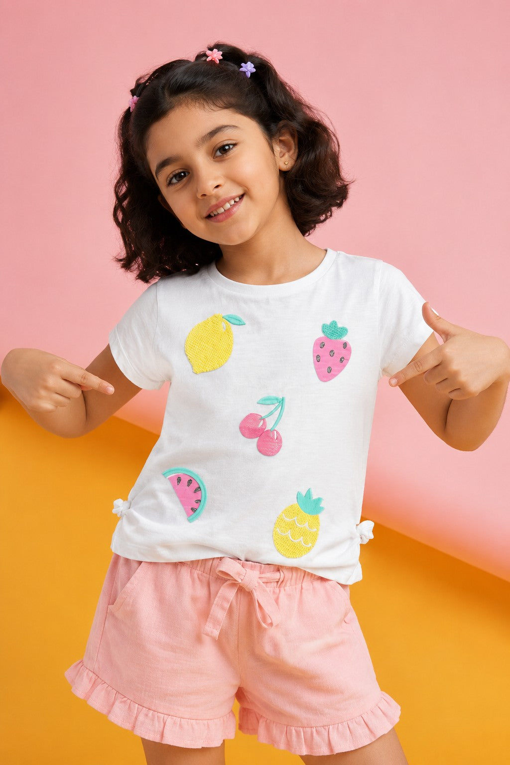 White Fruits Printed Regular Fit T-Shirt for Girls - Image 1