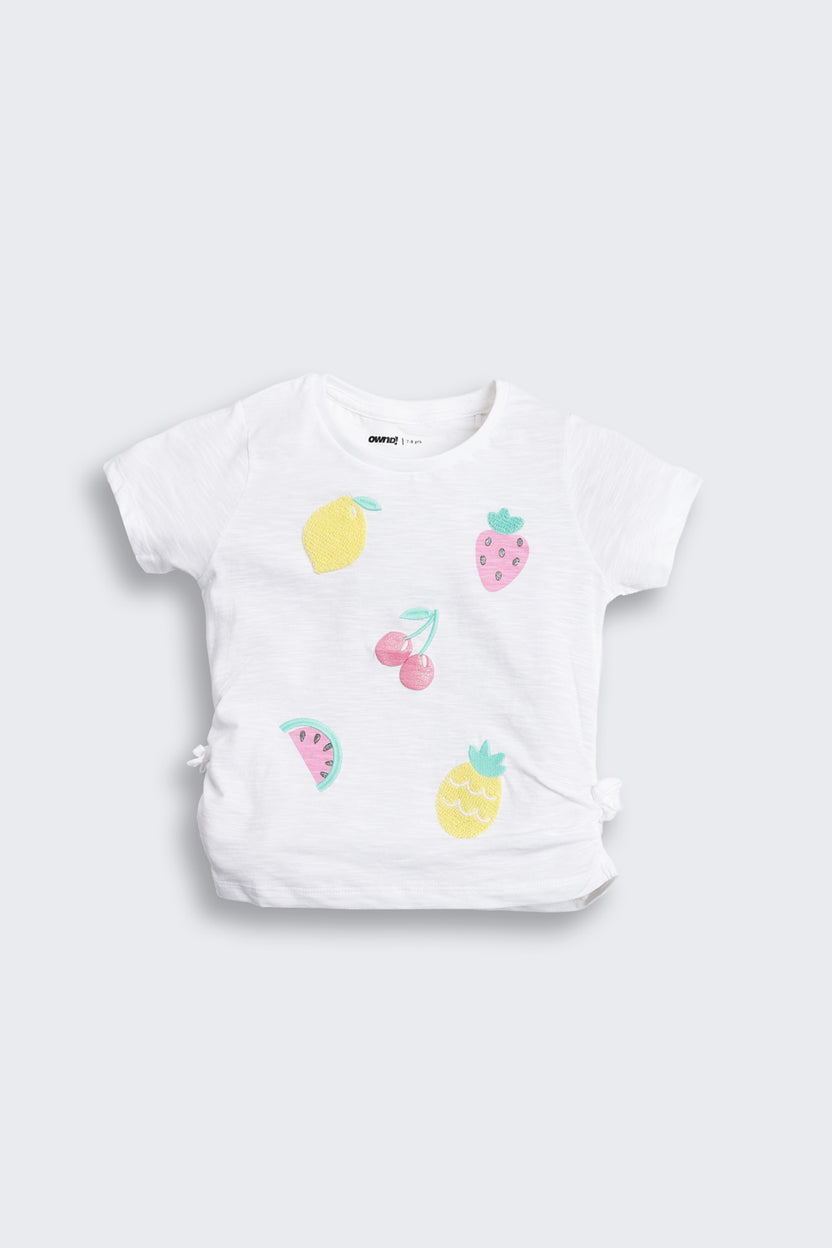 White Fruits Printed Regular Fit T-Shirt for Girls - Image 2