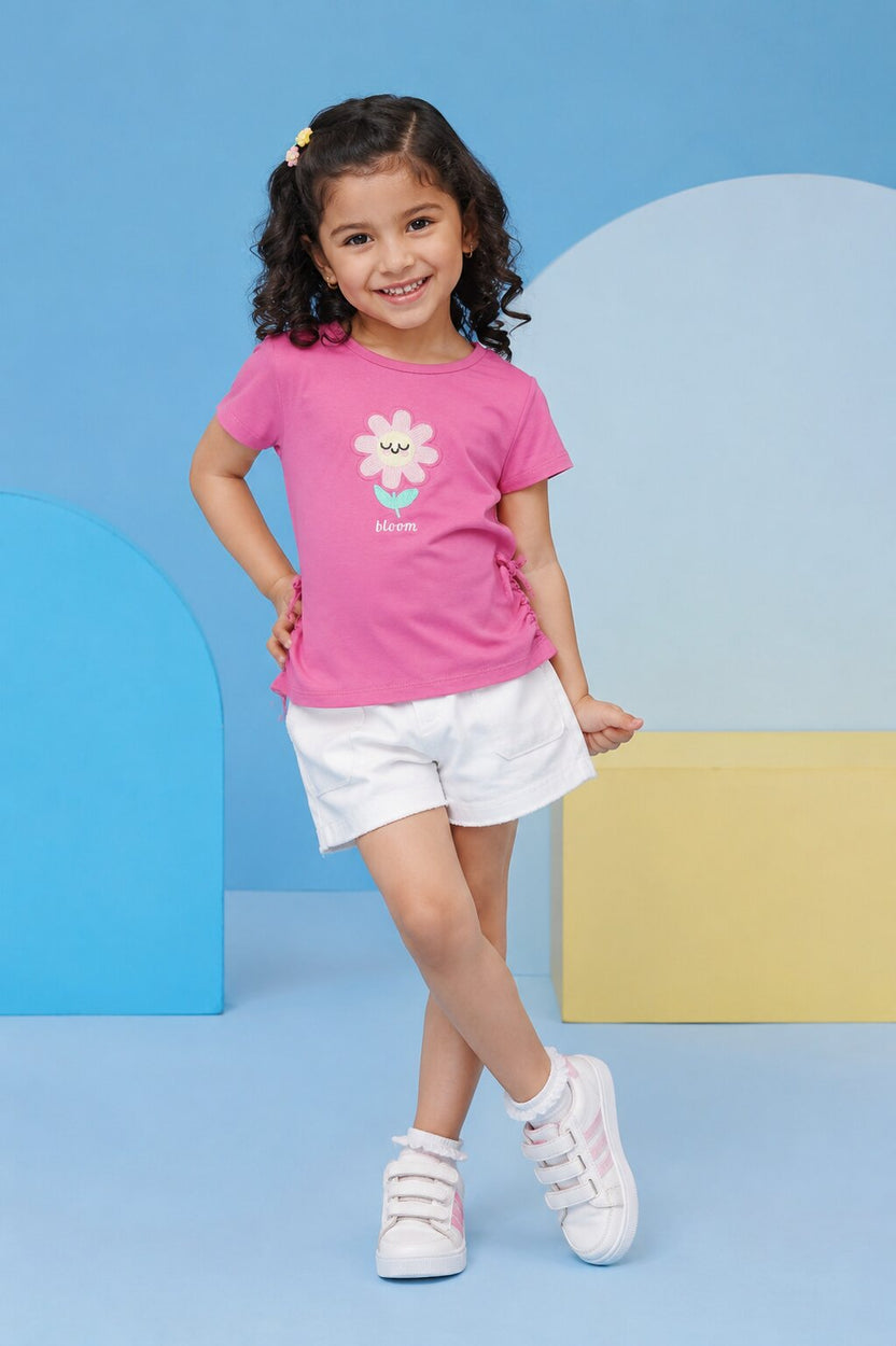 Pink Flower Embroidered T-Shirt for Girls - Image 1