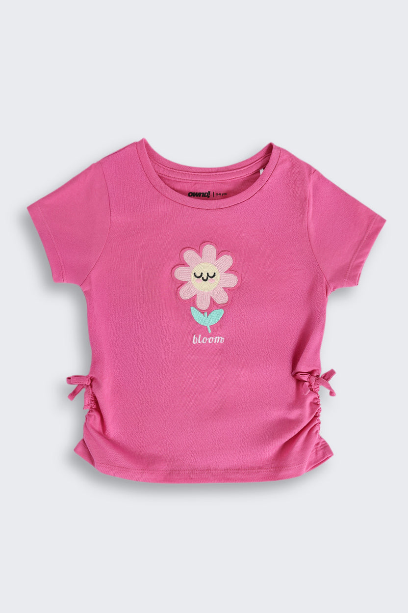 Pink Flower Embroidered T-Shirt for Girls - Image 2
