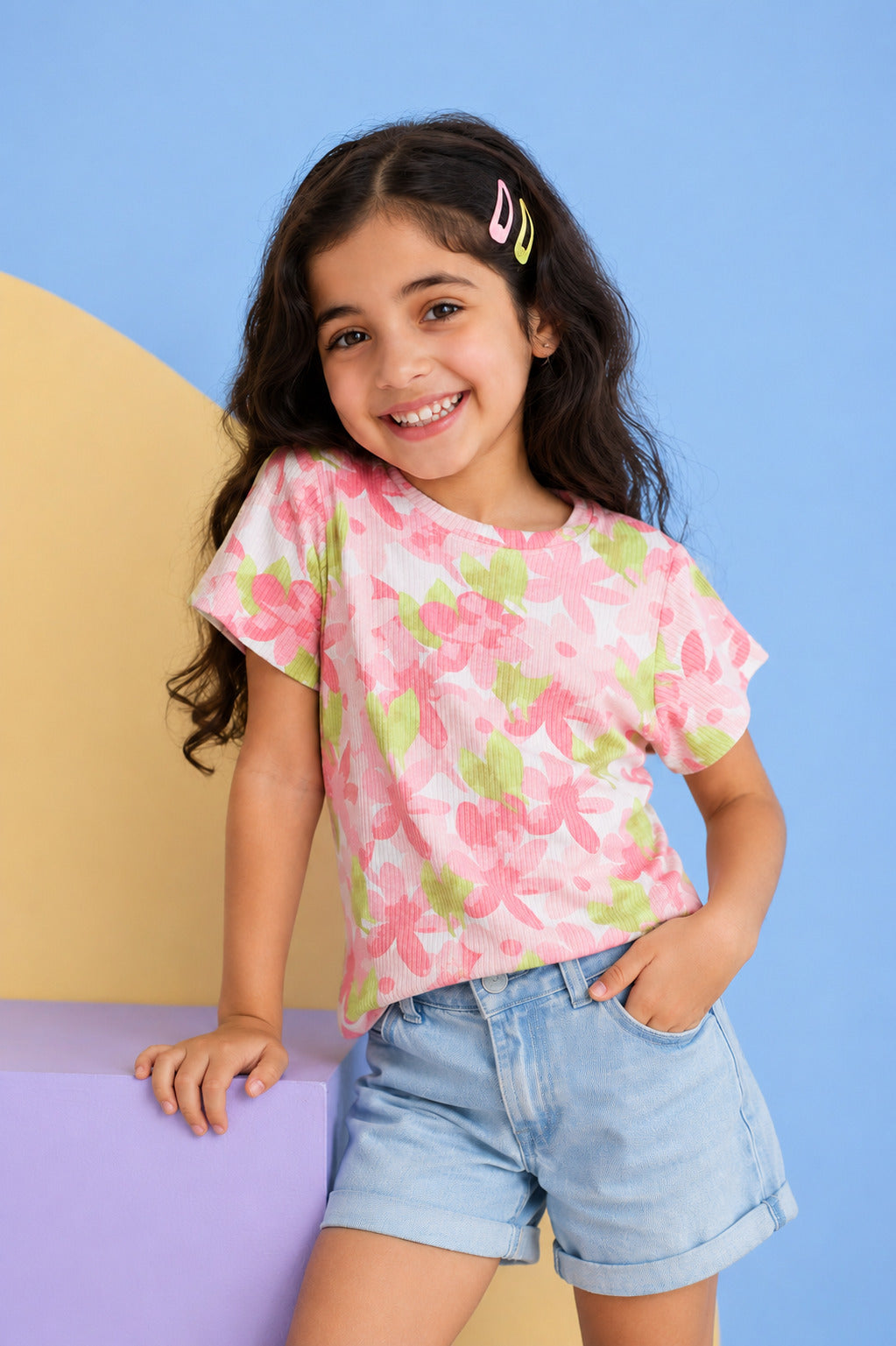Pink Floral Cotton Regular Fit T-Shirt for Girls - Image 1